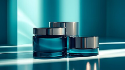 Poster - Elegant Display of Skincare Cream Jars on a Vibrant Blue Background, Perfect for Beauty and Wellness Photography, Cosmetic Promotions, or Branding Applications