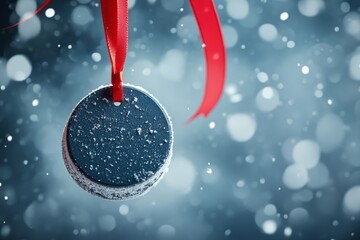 A black Christmas ornament in the shape of an ice hockey puck with a red ribbon hanging.