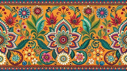 a vibrant floral design with intricate details and a yellow background, featuring a stylized pattern