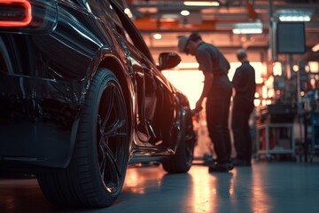 Wall Mural - Car mechanics changing tire at auto repair shop garage.	