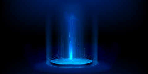 Wall Mural - hi-tech hologram portal with light beam on black background. vector realistic illustration of futuri