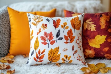 Autumn leaves pattern decorating stylish cushions on cozy sofa