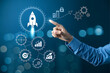 © Village Studio 12 - Businessman touch rocket launch investment growth,Business Growth Strategy Concept,including rocket launch, target achievement, analytics, and teamwork. innovation,goals, leadership,rocket,