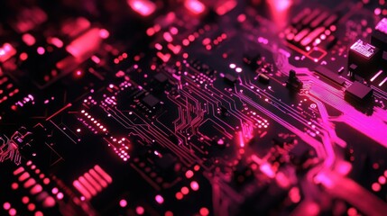 Close-up of a vibrant circuit board with glowing pink elements, showcasing technology design.