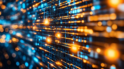 Abstract digital background with glowing lines and code.
