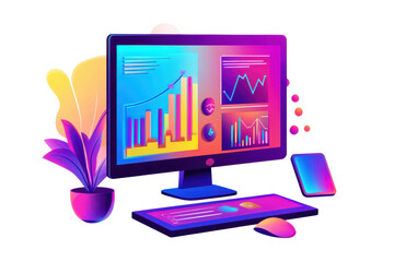 a vibrant computer setup displaying colorful graphs and charts, complemented by a decorative plant.
