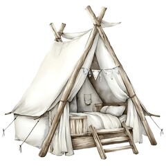 Wall Mural - Watercolor Illustration of a Cozy Wooden Teepee Tent with a Bed and Ladder.