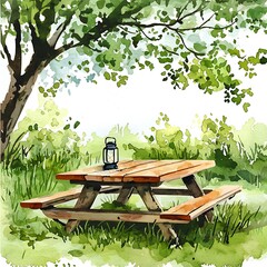 Sticker - Watercolor painting of a picnic table under a tree.