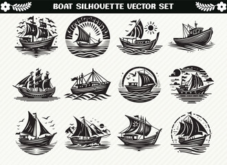 Diverse boat silhouettes in different styles, perfect for nautical designs