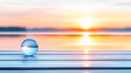 Canvas Print - A glass sphere sits on a wooden surface, reflecting a serene sunset over a lake, creating a dreamy atmosphere, This image is ideal for nature themes, relaxation, or mindfulness projects,