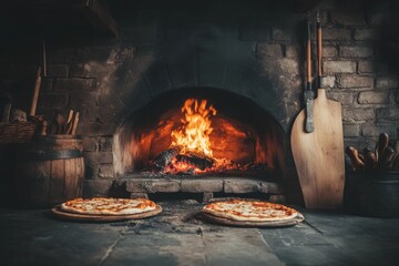 Delicious Pizza Baking in a Traditional Brick Oven