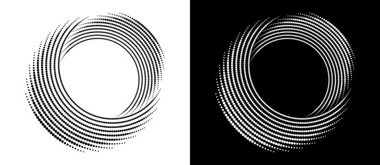Leinwandbilder - Modern abstract background. Halftone dots in circle form. Round logo. Vector dotted frame. Design element or icon. Black shape on a white background and the same white shape on the black side.