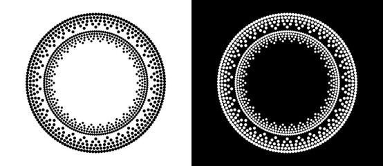 Leinwandbilder - Modern abstract background. Halftone dots in circle form. Round logo. Vector dotted frame. Design element or icon. Black shape on a white background and the same white shape on the black side.