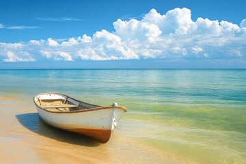 Wall Mural - A small wooden boat rests on a sandy beach with blue sky and fluffy clouds in the background.