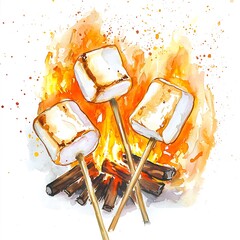 Wall Mural - Watercolor illustration of marshmallows roasting over a campfire.