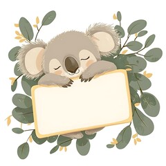 Canvas Print - Sleepy Koala Holding a Blank Sign with Eucalyptus Leaves.