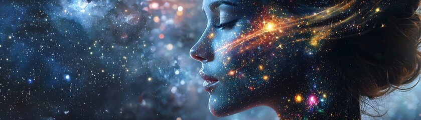 Sticker - celestial woman portrait with cosmic galaxy hair and constellation skin