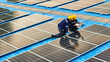 © ultramansk - Worker Technicians are working to construct solar panels system on roof. Installing solar photovoltaic panel system. Men technicians walking on roof structure to check photovoltaic solar modules.