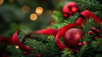 Wall Mural - festive red christmas ribbon and ornaments adorn lush green pine arrangement, creating warm and joyf