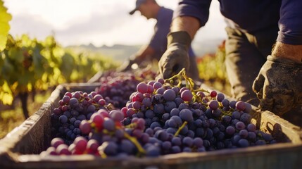 Vineyard in France, workers harvesting grapes in organized rows, classic French landscape.