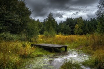 Wall Mural - A wooden platform in a swampy area with a forest in the background under a stormy sky.