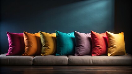 Wall Mural - A Row of Colorful Plush Cushions Against a Dark Backdrop Showcasing Soft Textures and Inviting Comfort in a Minimalist Photography Style