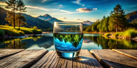 Wall Mural - A Stunning Double Exposure Photography of a Blue Glass Filled with Water Set on a Table, Merging Elements of Nature for a Unique Visual Experience