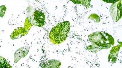 Wall Mural - 52.A dynamic composition of mint leaves suspended in water splashes, all set against a bright white background. The leaves are caught in mid-motion, with water droplets glistening as they cascade