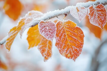 Closeup of frosty orange leaves on a branch.