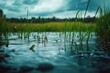 © Abdul - Close-up of raindrops falling on a tranquil pond with green grass.