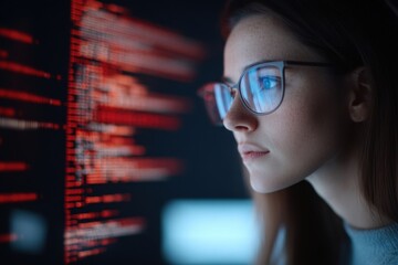 computer programmer working on software development code using vertical screen in data center: