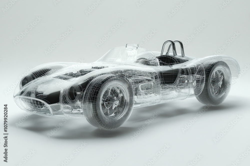 Model race car on track, surrounded by tire barriers. Bright red color ...