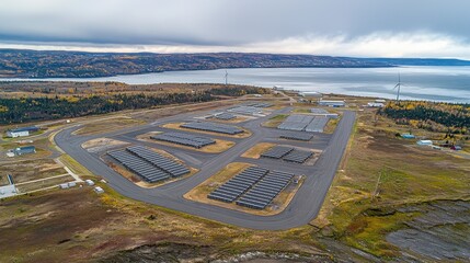 Aufkleber - Battery storage facility and wind turbines coastal region aerial view industrial landscape renewable energy concept