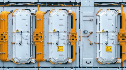 Leinwandbilder - Closeup of lithium-ion battery packs renewable energy facility industrial photography indoor setting detailed viewpoint energy storage insight
