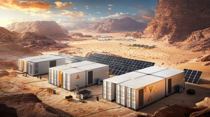 Leinwandbilder - Deploying energy storage containers with solar panels in desert aerial view renewable energy concept