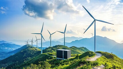 Poster - Integrating energy storage batteries with wind farm mountainous region eco-friendly infrastructure natural landscape renewable energy concept