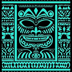 Wall Mural - Bold Polynesian Tribal Pattern with Tiki and Wave Motifs in Turquoise and Black