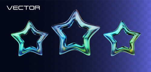 Wall Mural - 3d abstract crystal glass stars. glossy iridescent geometric shapes. 3d vector star icons