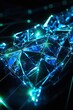 © Tackey - Abstract futuristic blue and green glowing geometric shapes with intricate glass-like structure and light reflections on a dark background