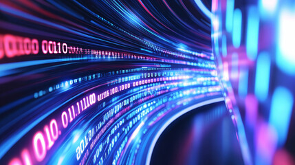 3D digital data and binary code programming abstract cloud virtual reality cyberspace cyberpunk technology blue purple futuristic highway road background