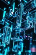 © Tackey - Abstract Glass Structures with Neon Blue and Purple Colors Reflecting Light in a Futuristic Digital Environment