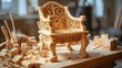 © Daily Stock - An inspiring woodworking bench with chisels, hammers, and wooden blocks, where a carpenter is crafting a beautiful wooden chair with intricate designs.