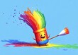 © Charoen - Whimsical paint brush character creating rainbow trails, paint-splattered outfit, artistic theme, cheerful cartoon style