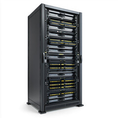 Server rack with multiple mounted servers. isolated on transparent background