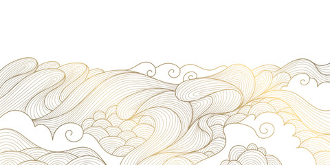 Aufkleber - Vector wave line illustration, sea water pattern, curve graphic design element. Gold flow oriental ornament, japanese flow wallpaper