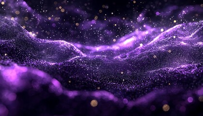 Wall Mural - digital purple particles wave with shining dots on a dark background.