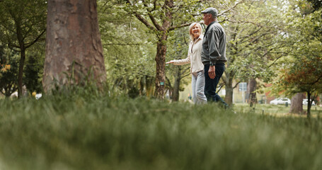 smile, love and walking with old couple in park for retirement, happiness and wellness. support, dat