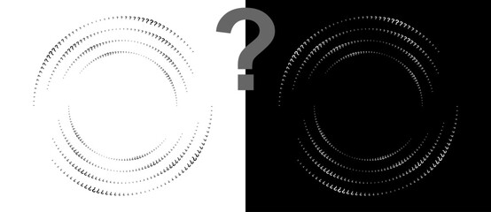 Leinwandbilder - Halftone question mark in circle form. Round logo or icon. Vector frame as design element. Black shape on a white background and the same white shape on the black side.