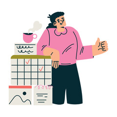 Aufkleber - Productive Workflow with Woman at Calendar Show Thumb Up Managing Task Vector Illustration