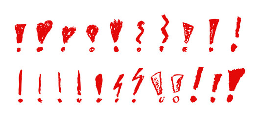 Wall Mural - exclamation marks symbols set. red crayon hand written signs. doodle icons collection for emphasize 